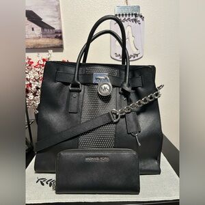 Michael Kors Hamilton Studded Black Satchel and Wallet Set With Lock & Key